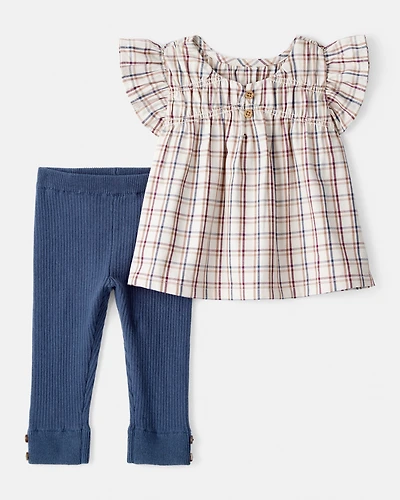 Baby Girl 2-Piece Plaid Short-Sleeve Outfit Set - Blue