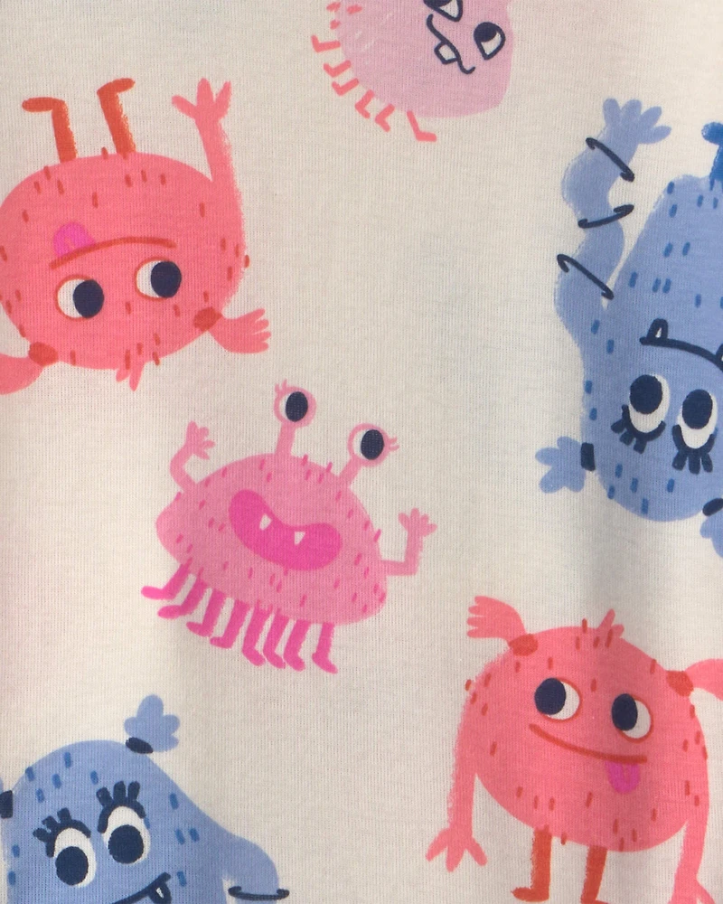 Toddler Girl 4-Piece Monster 100% Cotton Snug Fit Pajama Set - Blue/Cream