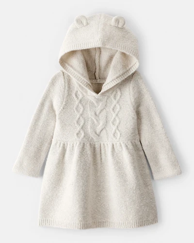Baby Girl Long-Sleeve Hooded Sweater Dress with Bear Ears - Oatmeal