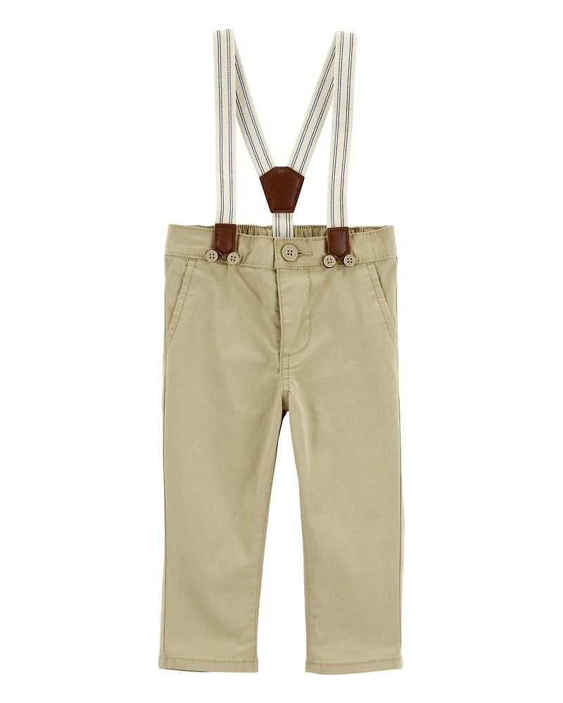 Baby Boy Twill Suspender Pants - Khaki