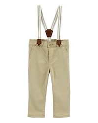 Baby Boy Twill Suspender Pants - Khaki