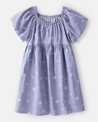 Girls Floral Print Short-Sleeve Cotton Dress - Blue