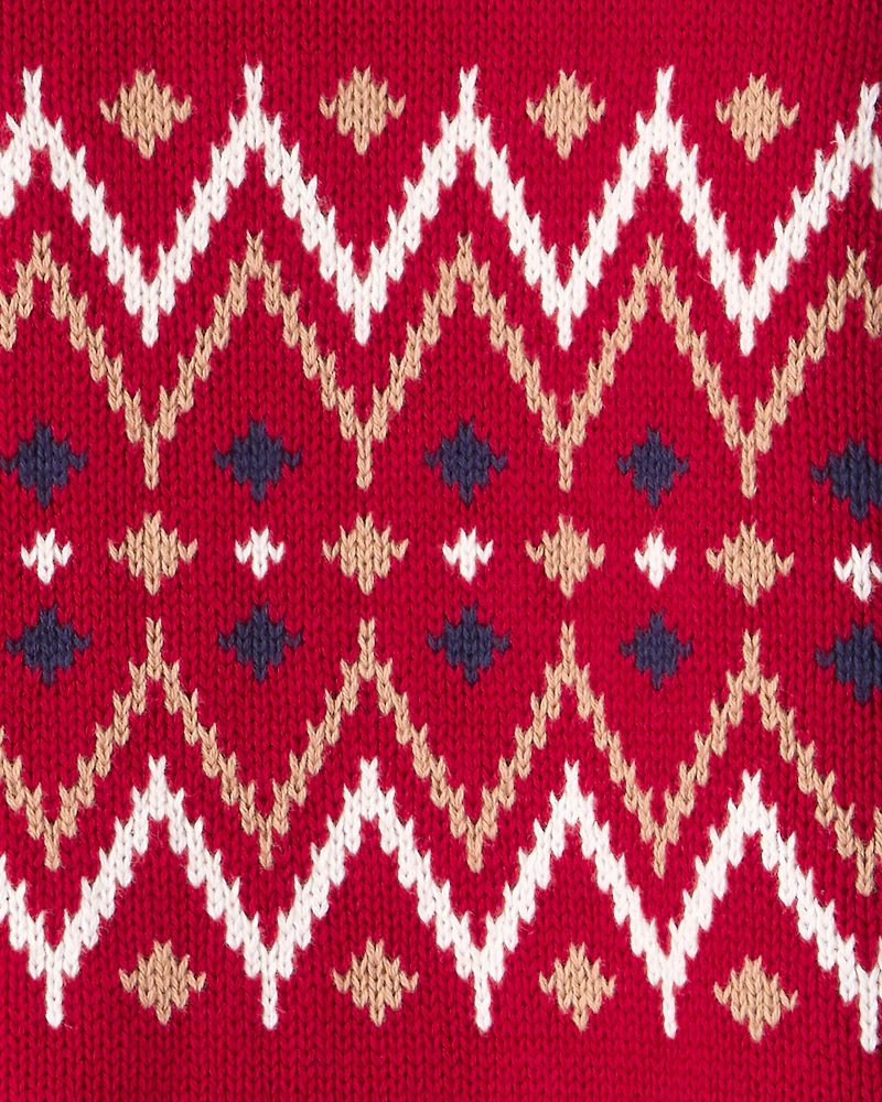 Boys Fair Isle Cotton Quarter-Zip Long-Sleeve Sweater - Red