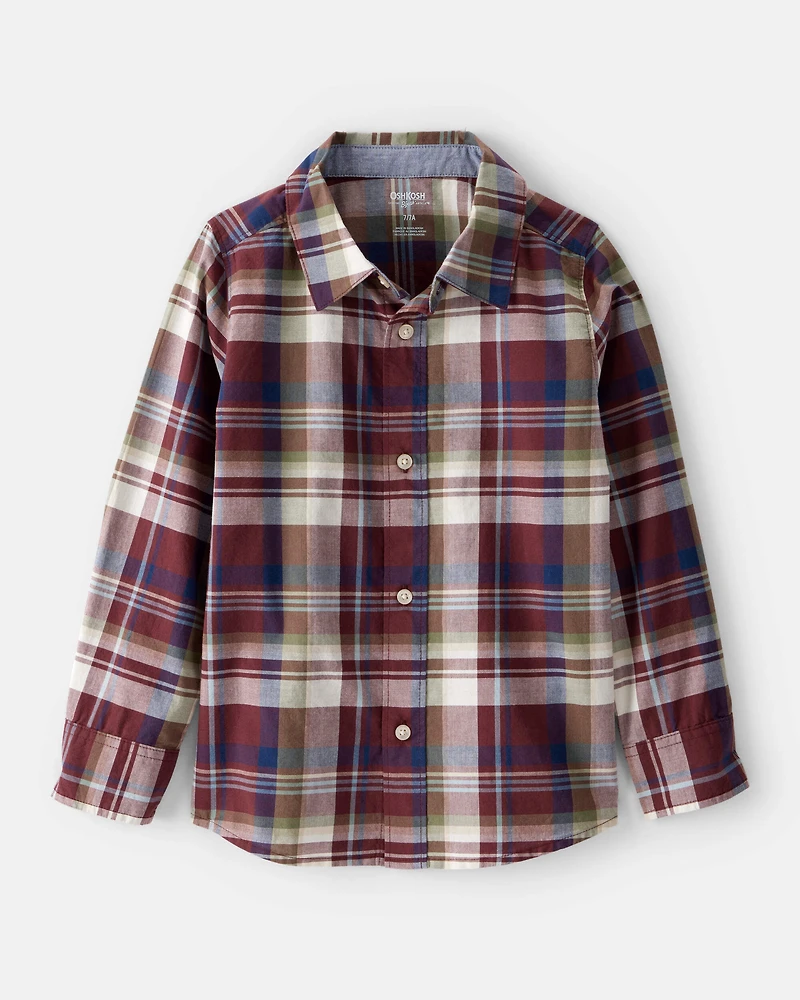 Boys Plaid Cotton Long-Sleeve Button-Down Shirt - Burgundy