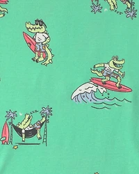 Boys Alligator Surfing 100% Cotton 4-Piece Pajama Set - Green