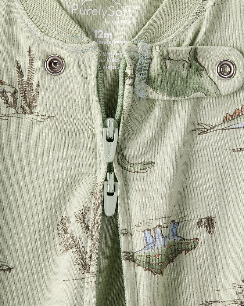 Baby Boy Dinosaur Print PurelySoft Long-Sleeve 2-Way Zip 1-Piece Pajamas - Green