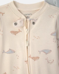 Baby 2-Pack Whale Striped 100% Cotton 2-Way Zip Sleep & Play Pajamas - Blue/Ivory