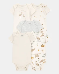 Baby 5-Pack Striped Birds Short-Sleeve Cotton Bodysuits - Ivory
