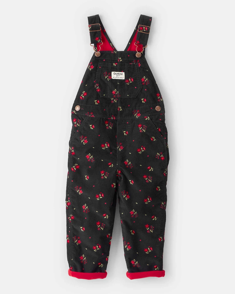 Toddler Girl Floral Print Corduroy Sleeveless Overalls - Black