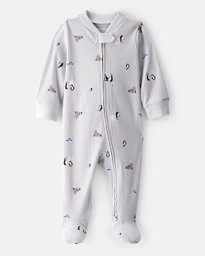 Baby Penguin Print Cotton Long-Sleeve Sleep & Play Pajamas - Grey