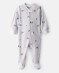 Baby Penguin Print Cotton Long-Sleeve Sleep & Play Pajamas - Grey