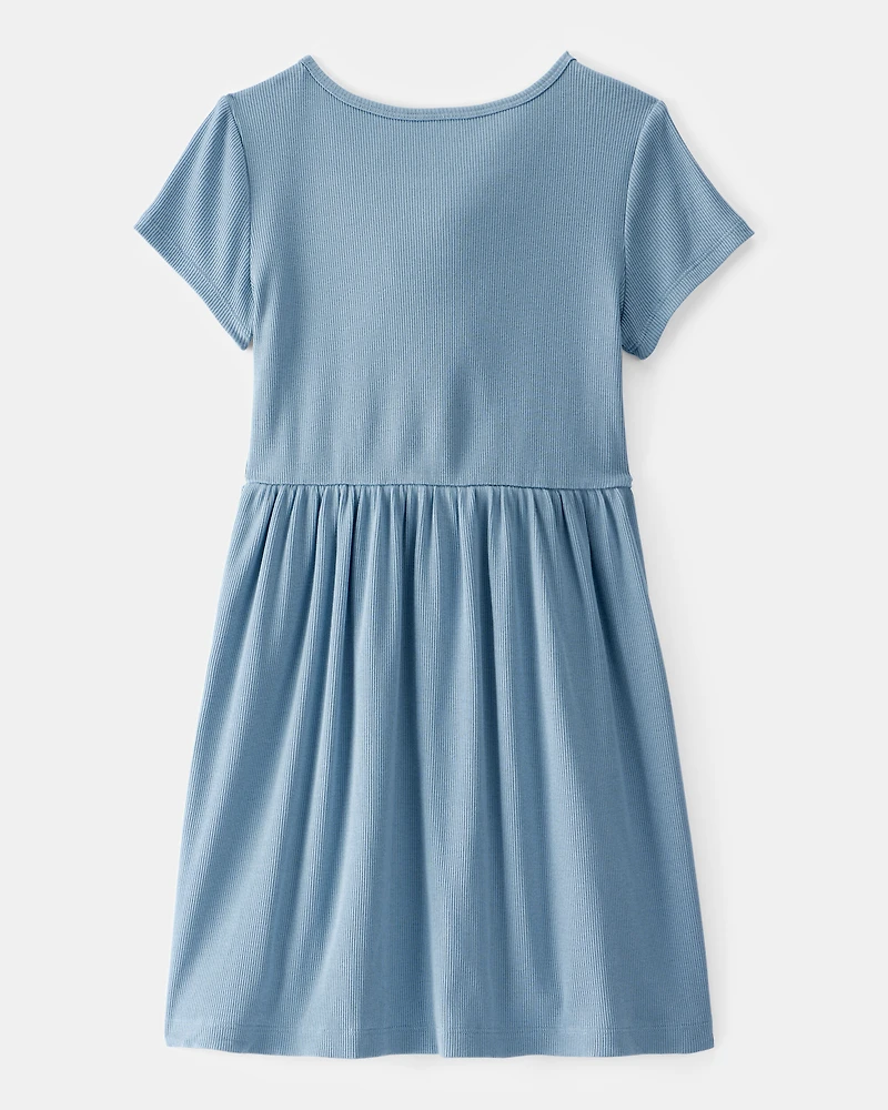 Girls Ribbed Short-Sleeve Dress - Blue