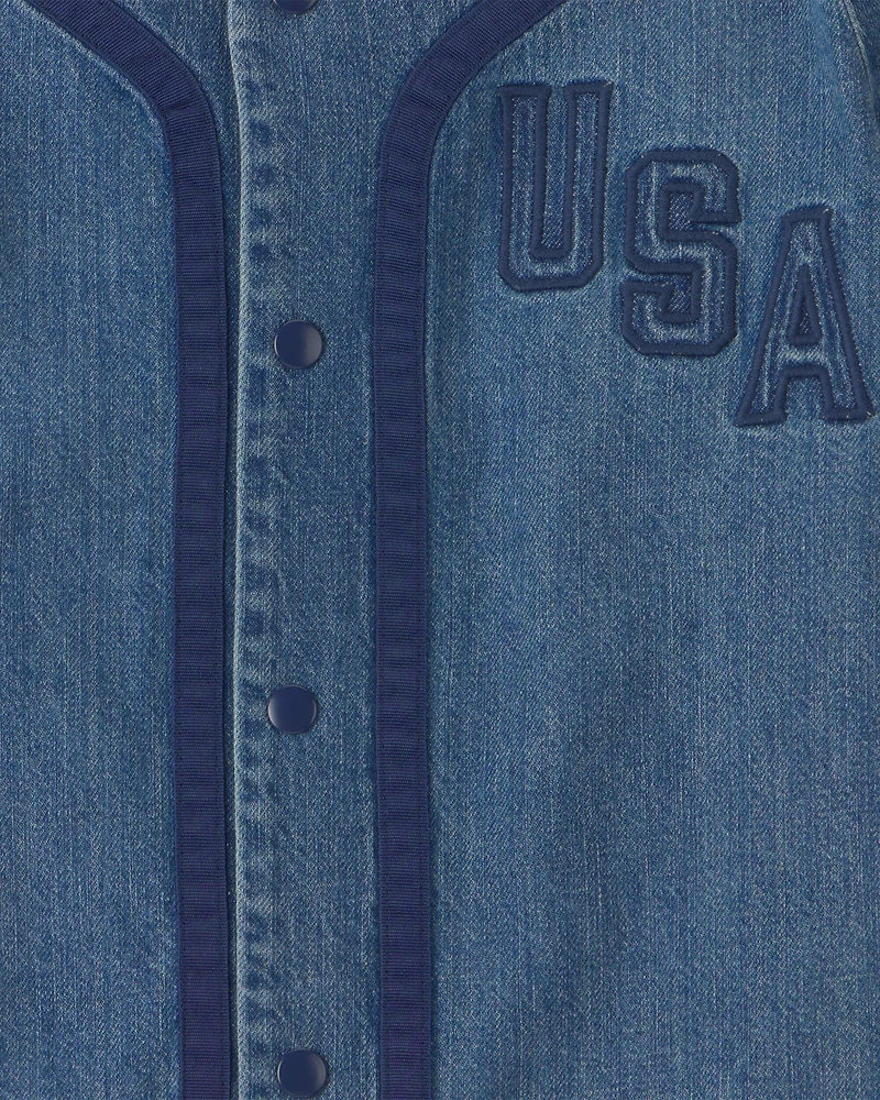 Boys 'USA' Denim Short-Sleeve Button-Down Shirt - Medium Wash