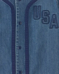 Boys 'USA' Denim Short-Sleeve Button-Down Shirt - Medium Wash