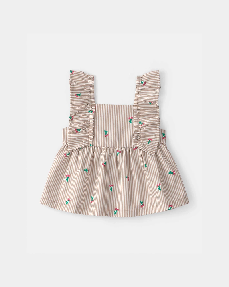 Baby Girl 3-Piece Cherry Striped Outfit Set - Beige/White
