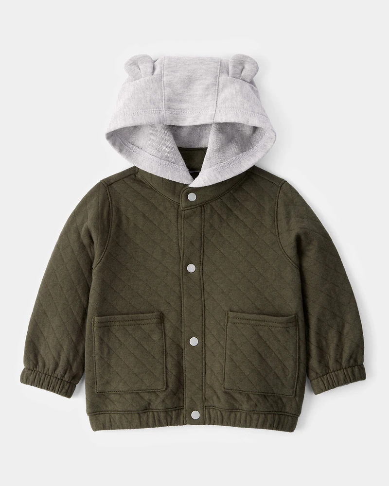 Baby Quilted Snap-Up Hoodie - Olive