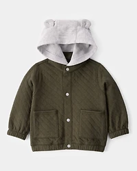 Baby Quilted Snap-Up Hoodie - Olive