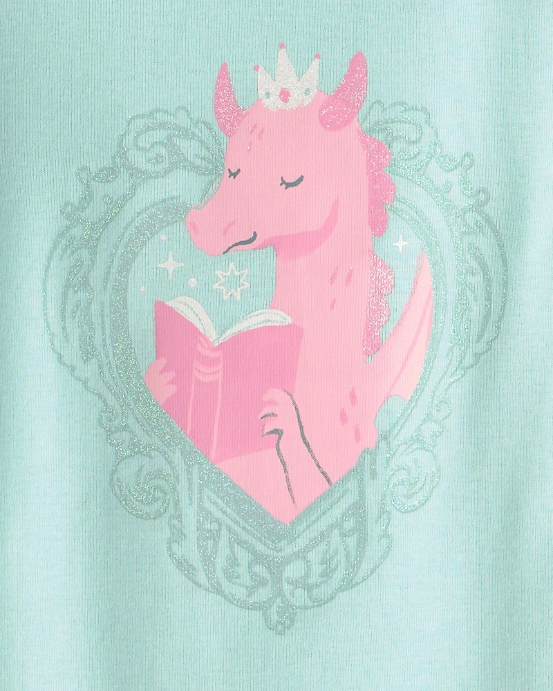 Toddler Girl Fairy Tale Dragon 100% Cotton Short-Sleeve Snug Fit 4-Piece Pajama Set - Blue/Ivory