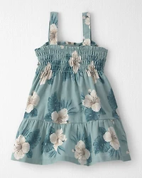 Baby Girl Smocked Linen Dress Made with Organic Cotton in Blue Hibiscus