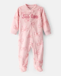 Baby Girl Bow Print Loose Fit Long-Sleeve Sleep & Play Pajamas - Pink