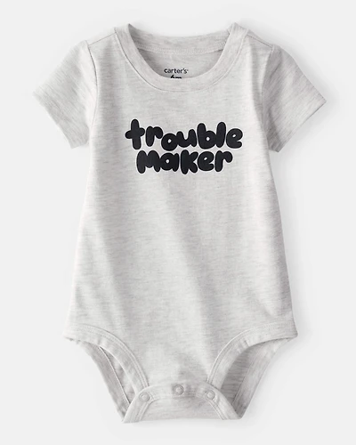 Baby Boy 'Trouble Maker' Short-Sleeve Graphic Bodysuit - Grey