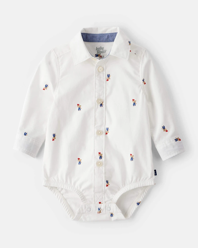 Baby Boy Bear Print Long-Sleeve Button-Down Bodysuit - White