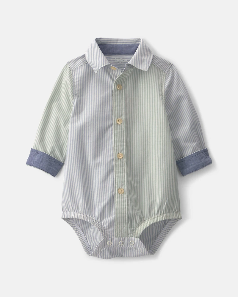 Baby Boy Poplin Long-Sleeve Button-Down Bodysuit - Blue/Green