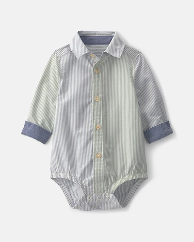 Baby Boy Poplin Long-Sleeve Button-Down Bodysuit - Blue/Green