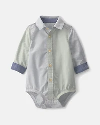 Baby Boy Poplin Long-Sleeve Button-Down Bodysuit - Blue/Green