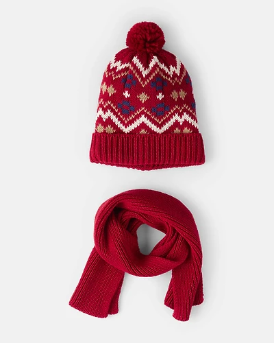 Kid 2-Piece Fair Isle Winter Hat & Scarf - Red
