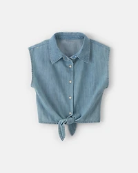 Girls Cropped Denim Tie-Front Top - Blue