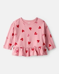 Baby Girl Heart Long-Sleeve Peplum Top - Pink