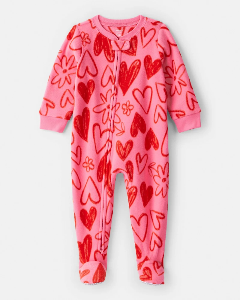 Baby Girl Heart Fleece Long-Sleeve Loose Fit 1-Piece Pajamas - Pink/Red