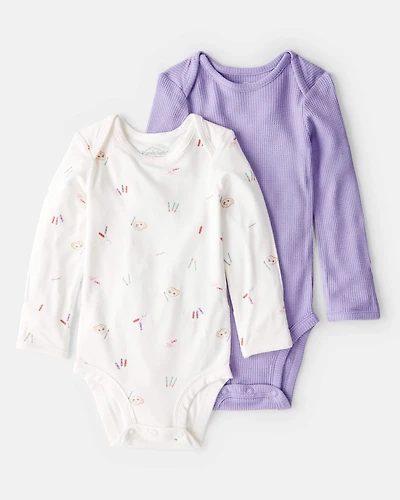 Baby Girl Paint Print PurelySoft Long-Sleeve Multipack Bodysuits - White/Purple