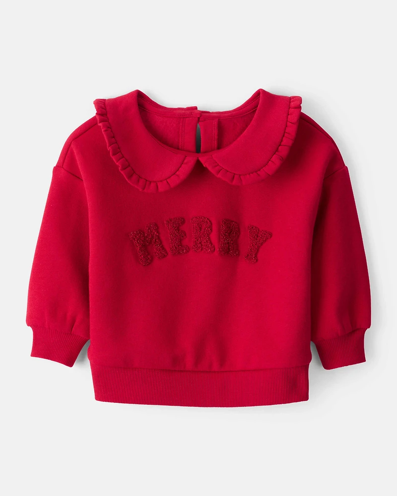 Baby Girl Fleece Christmas Merry Long-Sleeve Pullover Sweatshirt - Red