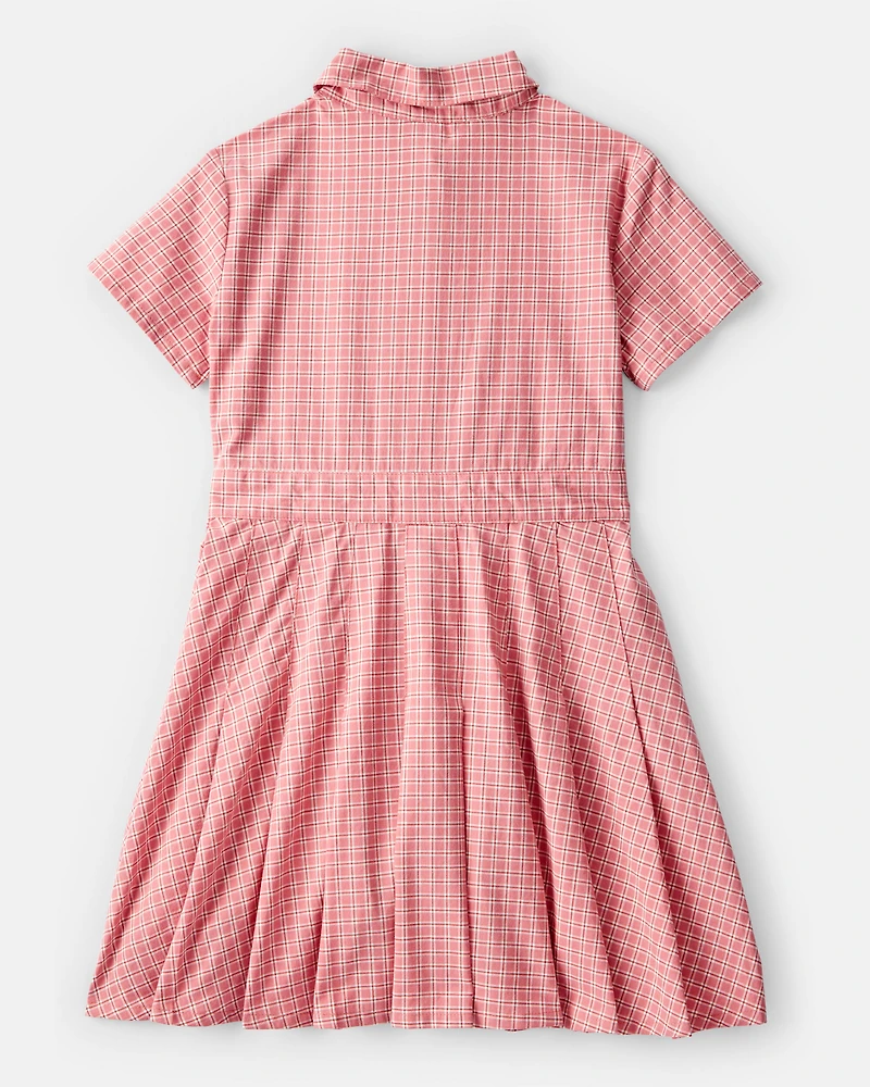 Kid Plaid Button-Down Short-Sleeve Shirt Dress - Pink