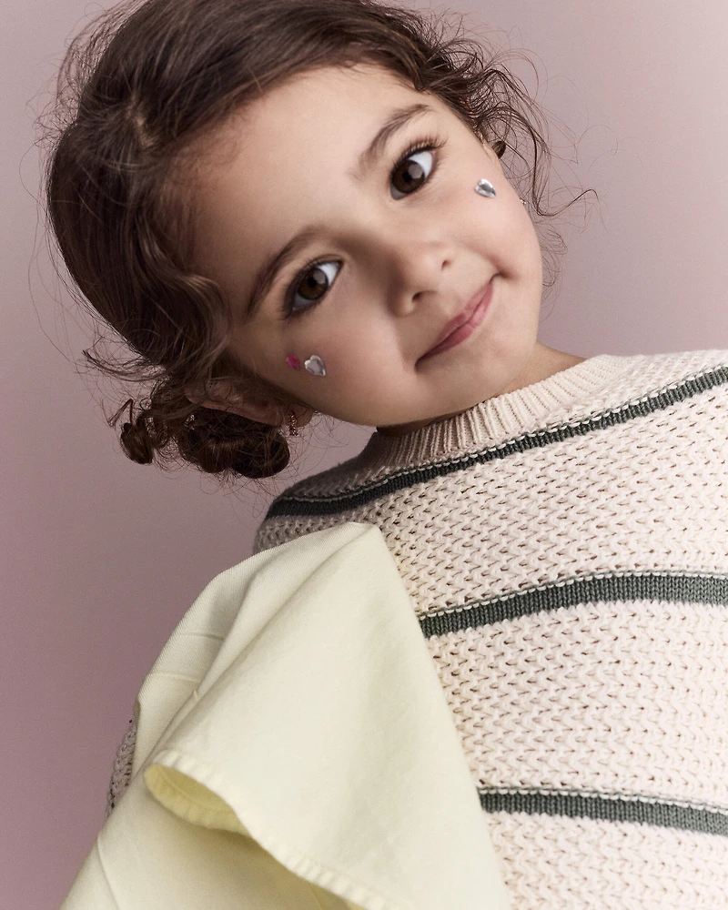 Toddler Girl Striped Balloon-Sleeve Sweater - Cream/Olive
