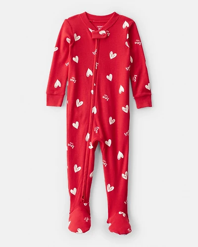 Baby Valentine's Day Heart 100% Cotton Loose Fit 2-Way Zip Footie 1-Piece Pajamas - Red