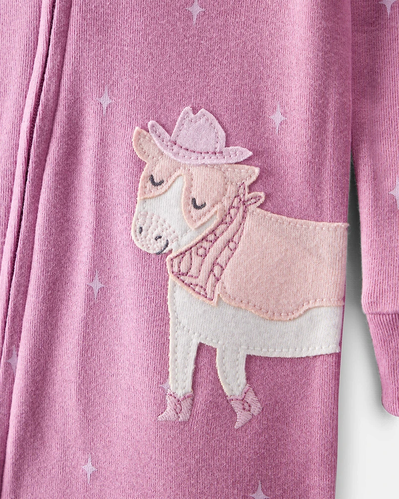 Baby Girl Cowgirl Print 100% Cotton Long-Sleeve 2-Way Zip 1-Piece Pajamas - Pink