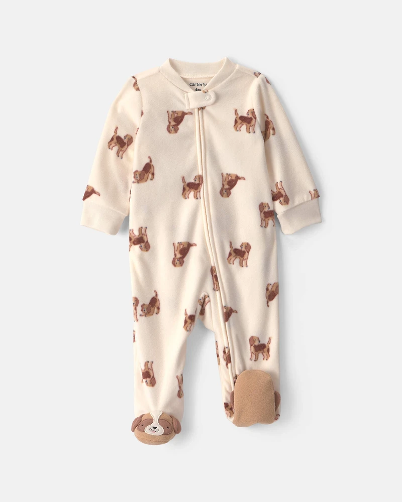 Baby Boy Dog Fleece 2-Way Zip Sleep & Play Pajamas - Cream