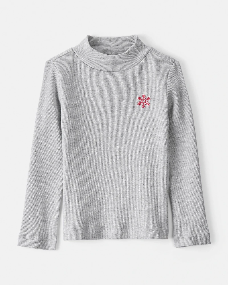 Toddler Girl Snowflake Mock Neck Rib Top - Grey