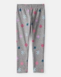 Girls Snowflake Cozy Fleece Pull-On Stretch Leggings - Grey