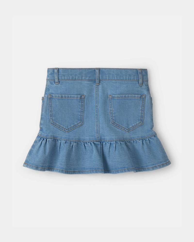 Girls Floral Denim Ruffle Skirt - Medium Wash