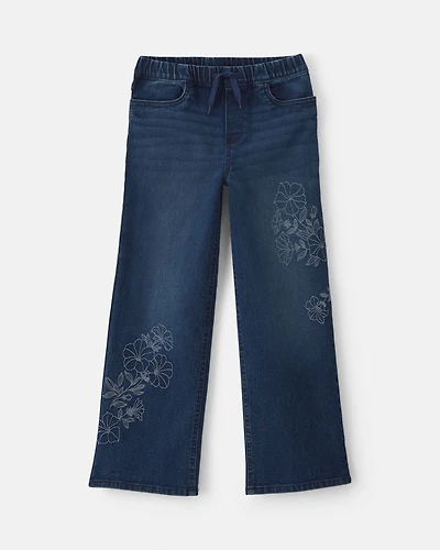 Girls Floral Denim Wide-Leg Jeans - Dark Wash