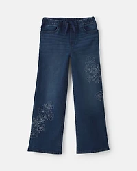 Girls Floral Denim Wide-Leg Jeans - Dark Wash