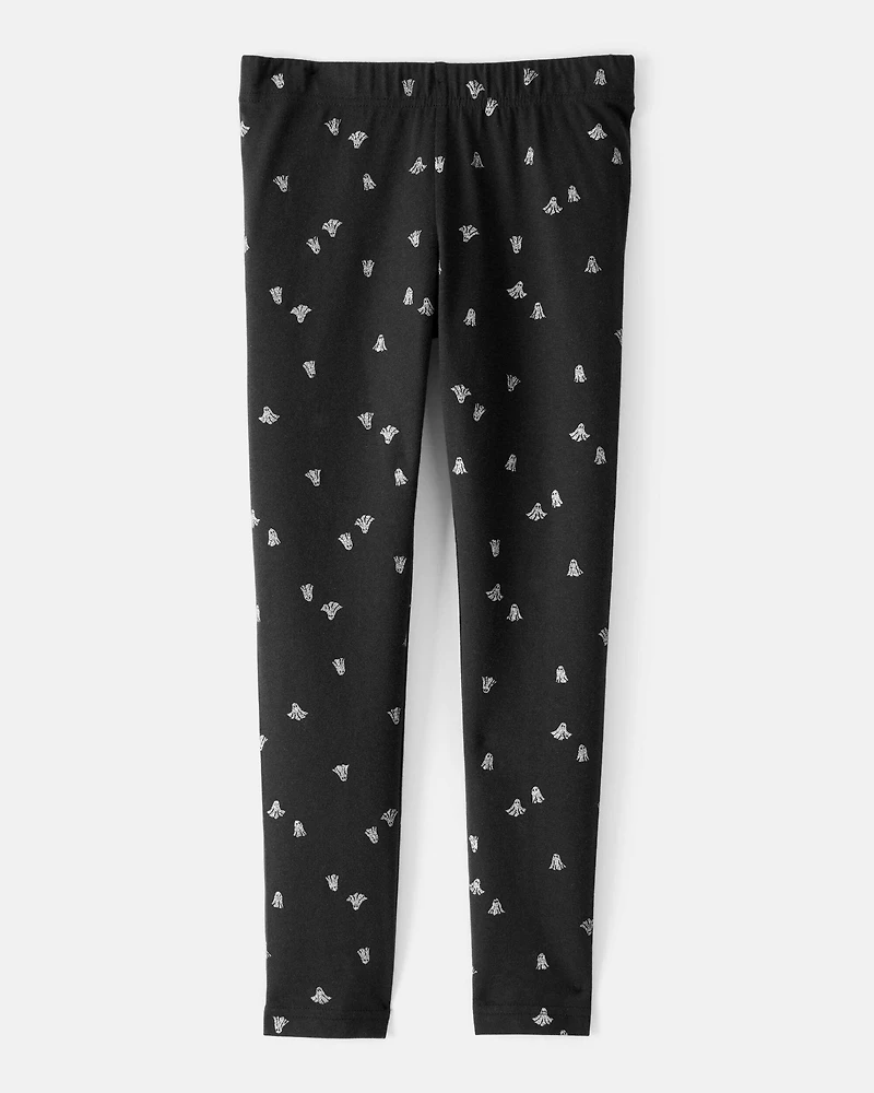Girls Cotton Halloween Ghost Stretch Leggings - Black