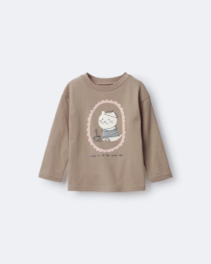 Toddler Girl Cocoa Cat Long-Sleeve Graphic Tee - Tan