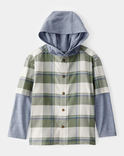 Boys Plaid Layered-Look Button-Down Hooded Tee