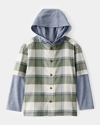 Boys Plaid Layered-Look Button-Down Hooded Tee