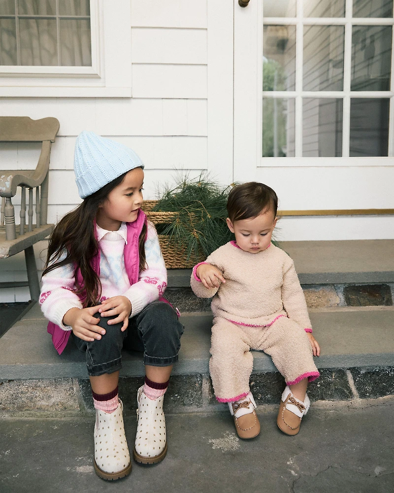 Toddler Girl Floral Fairisle Sweater - Pink/White
